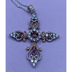 Sterling Silver 925 Filigree Cross Pendant Necklace Two-Tone Pink Gemstones 17"